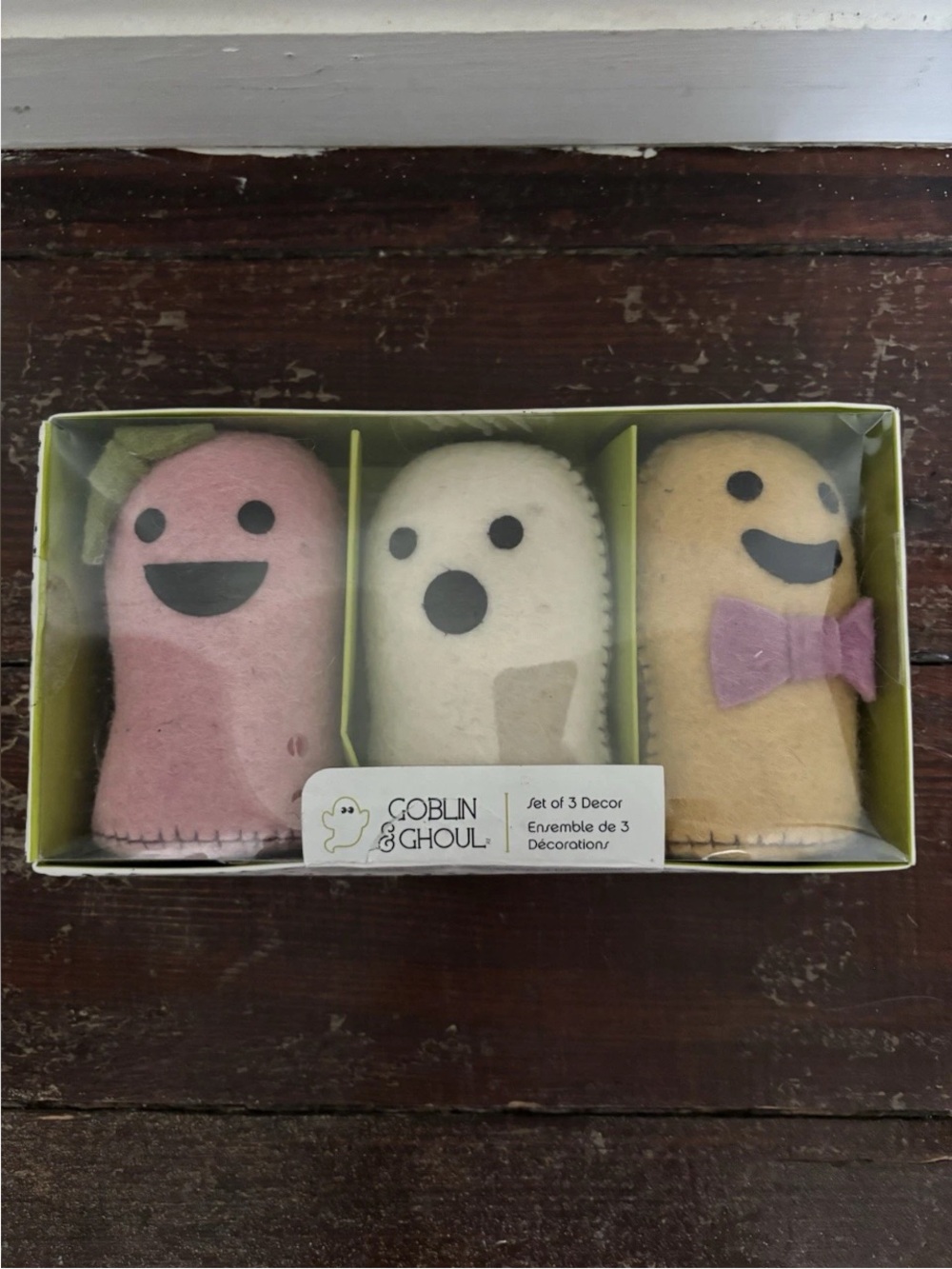 Goblin & Ghoul Set of 3 Wool Felt Ghosts Decor Pink / White/ Yellow NEW